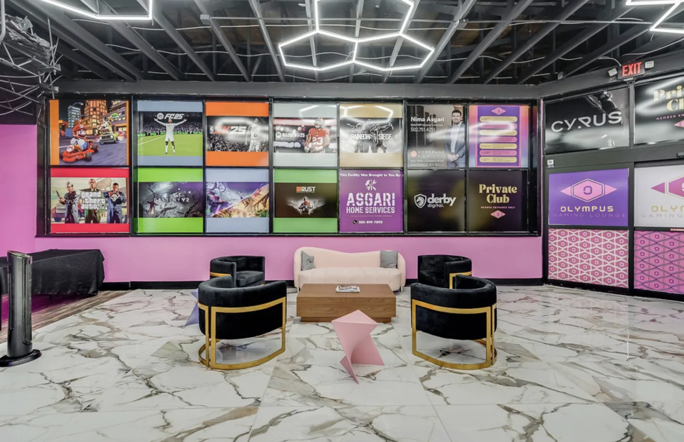 Olympus main floor with hexagon LED ceiling, marble floor and lounge seating