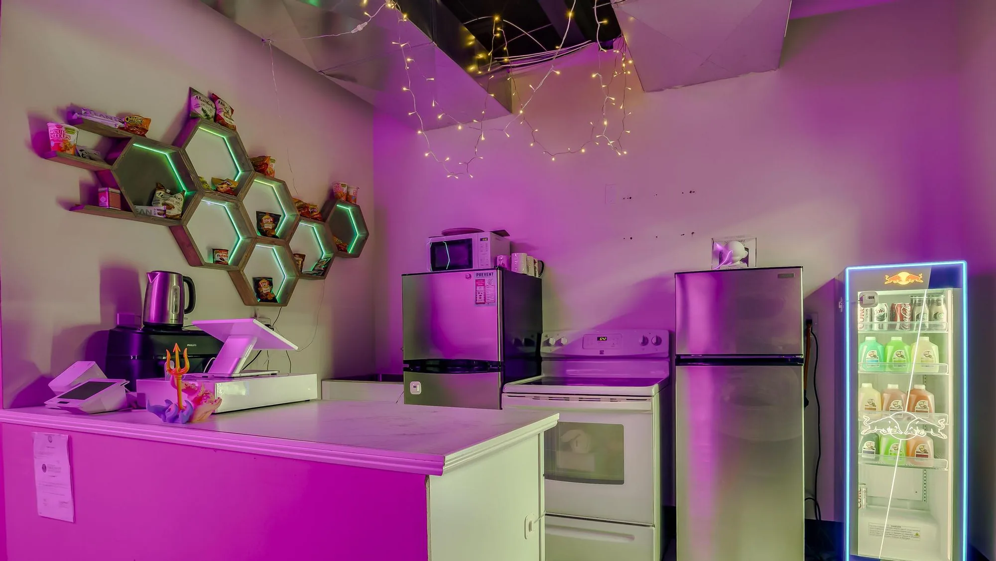 Kitchenette with hex shelves