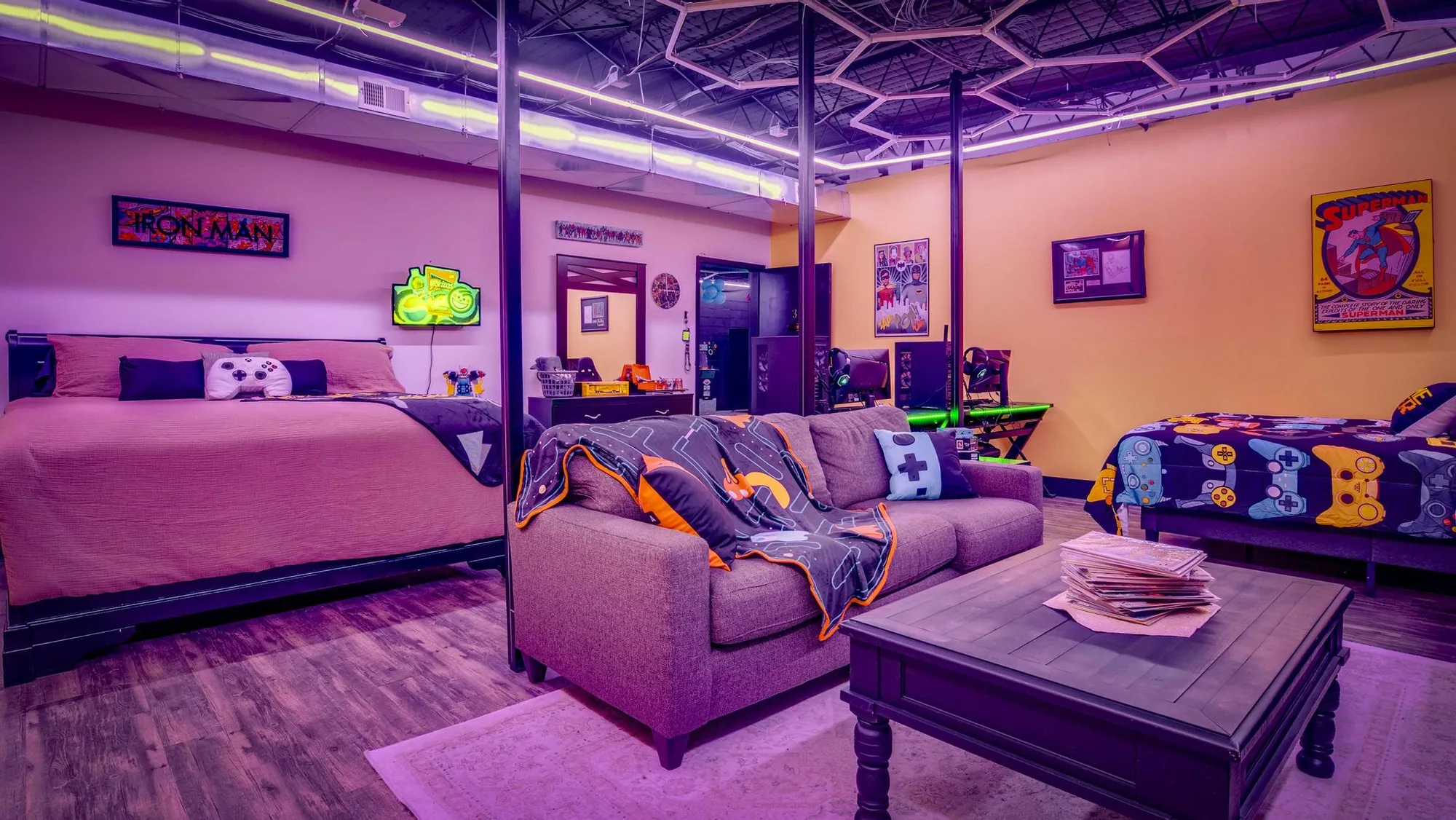 Retro room name wall and hex lighting