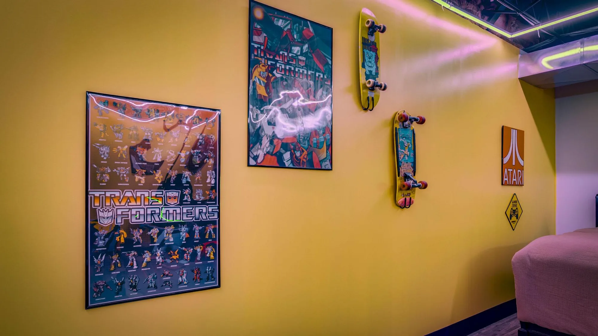 Skateboards and posters on the retro room wall